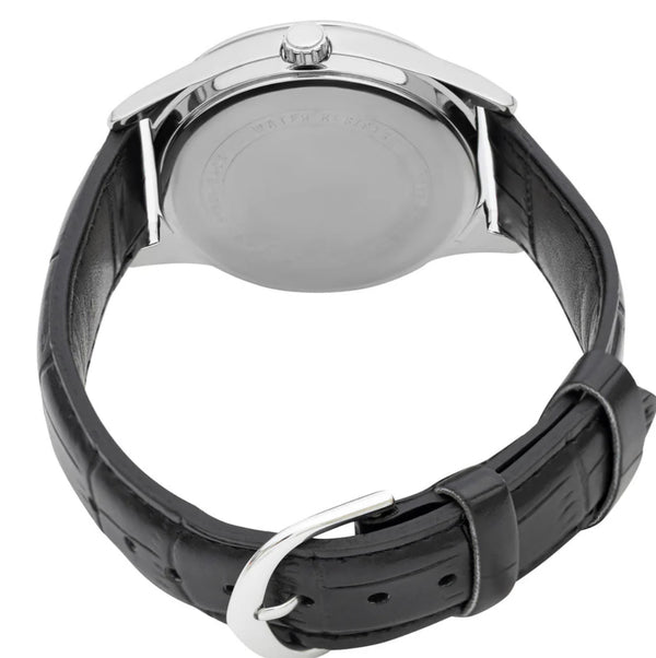 Casio Analogue White Face Day + Date, Black Leather Band Watch