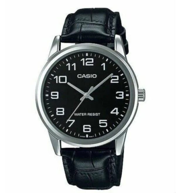 Casio Analogue Black Face, Black Leather Band Watch