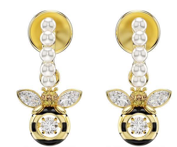 Idyllia: Crystal Pearl/Multicoloured Mixed Cuts Crystal Bee Gold Drop Earrings