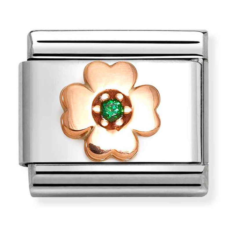 Good Luck - Four Leaf Clover with Green CZ Rosegold Charm