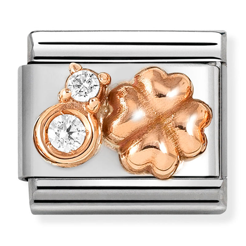 Good Luck - Rounded Four Leaf Clover with CZ Rosegold Charm