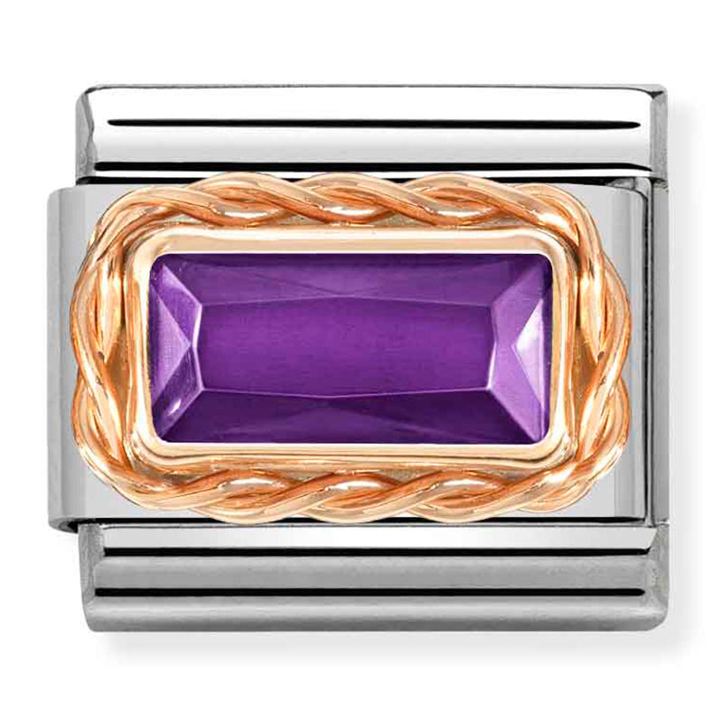 Gemstones - Violet Faceted CZ Baguette Twisted Setting Rosegold Charm