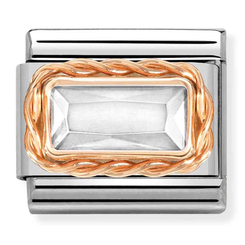 Gemstones - White Faceted CZ Baguette Twisted Setting Rosegold Charm