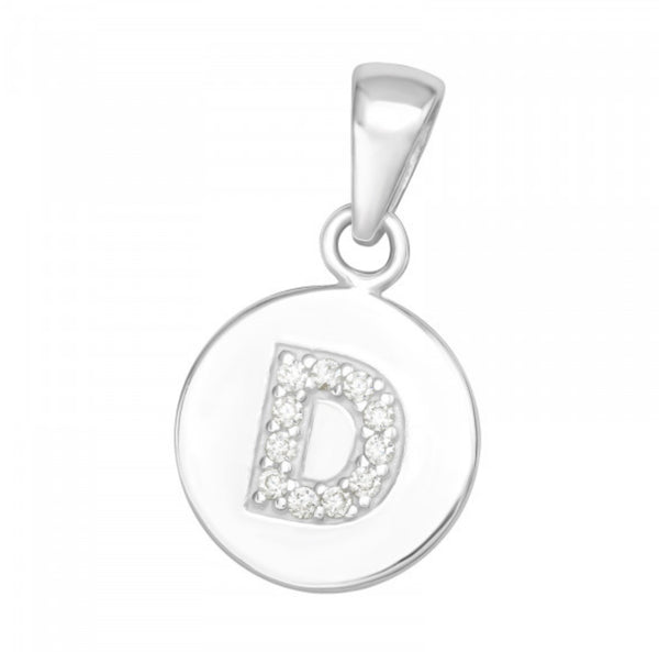 Round Disc White CZ Silver Initial Pendant