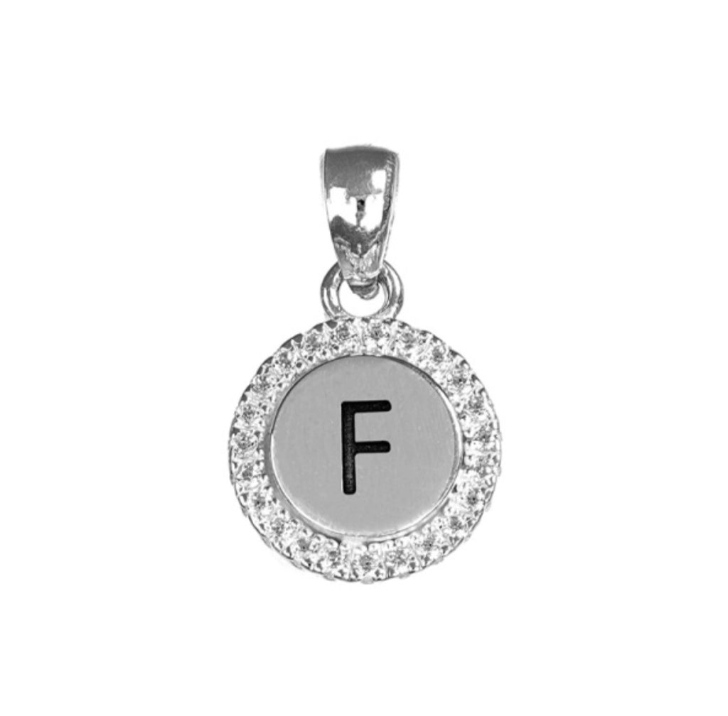Round White CZ Silver Initial Charm