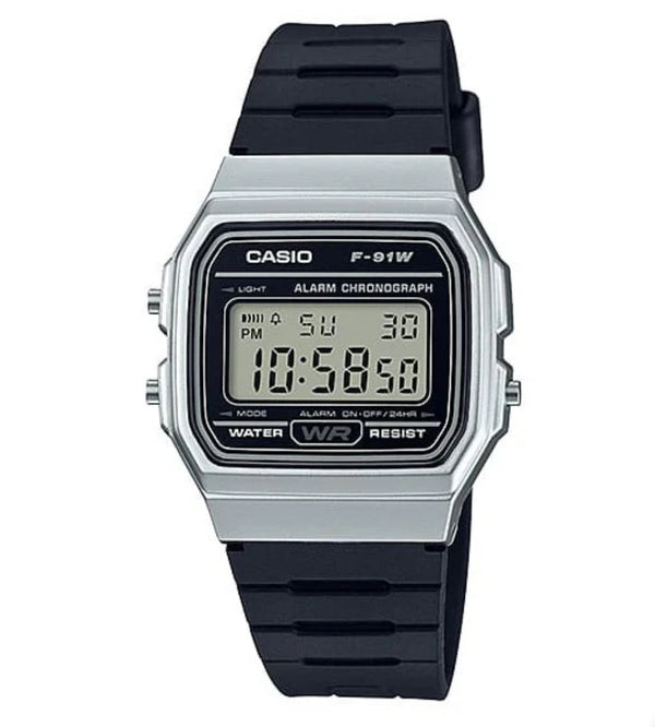 Casio Digital Square Face, Silver Case, Black Resin Band Watch