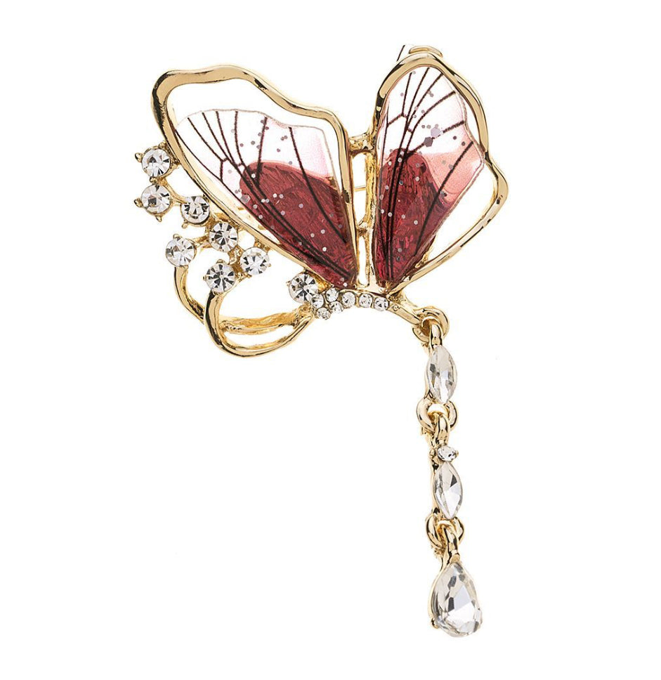 Brooch - Red Butterfly with Dangles