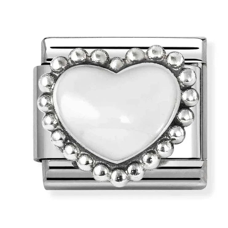 Love - Raised White with Beaded Dots Heart Silver Charm