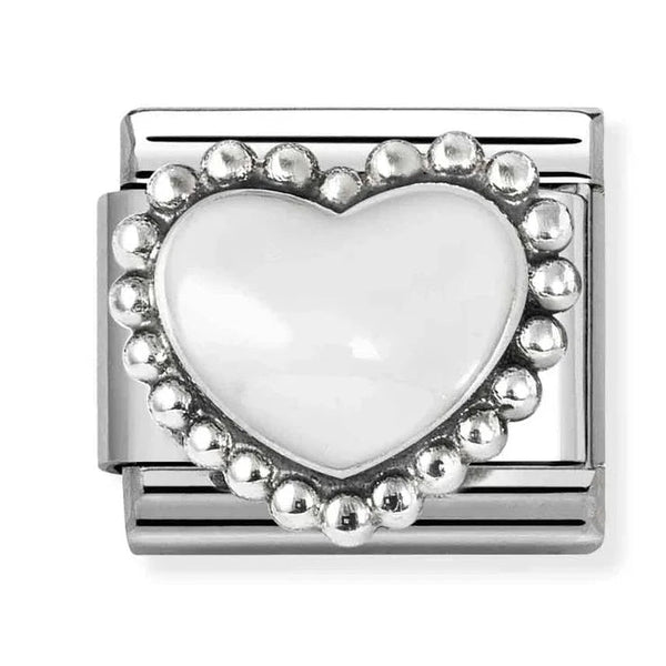 Love - Raised White with Beaded Dots Heart Silver Charm