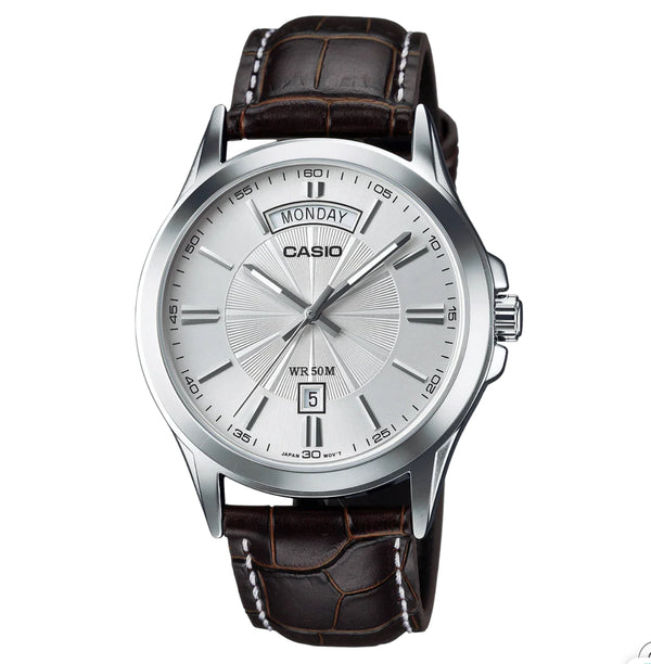 Casio Analogue Silver Face Day + Date, Brown Leather Band Watch