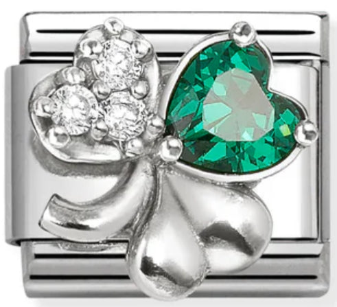 Good Luck - Clover with White & Green CZ Silver Charm