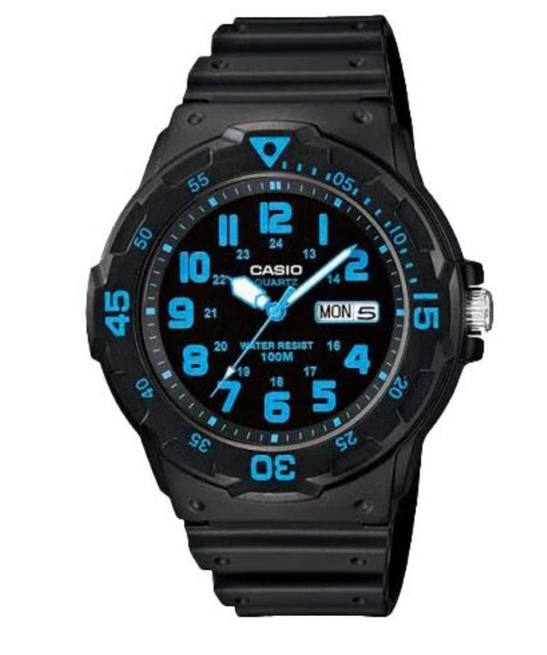 Casio Analogue Diver Look Blue Day + Date, Black Resin Band Watch