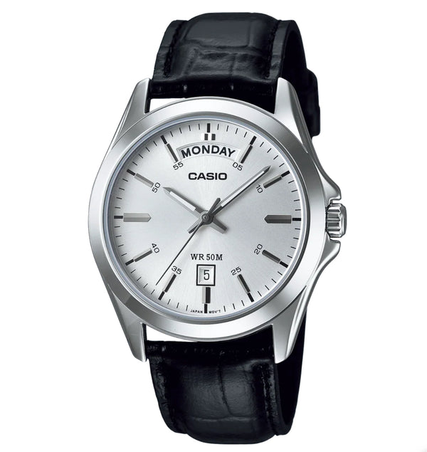 Casio Analogue Silver Face, Day + Date, Black Leather Band Watch