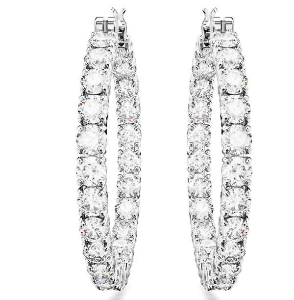 Matrix: White Round Cut Crystals Silver Hoop Earrings