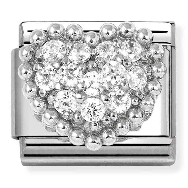 Love - Raised White CZ Heart with Beaded Dots Silver Charm