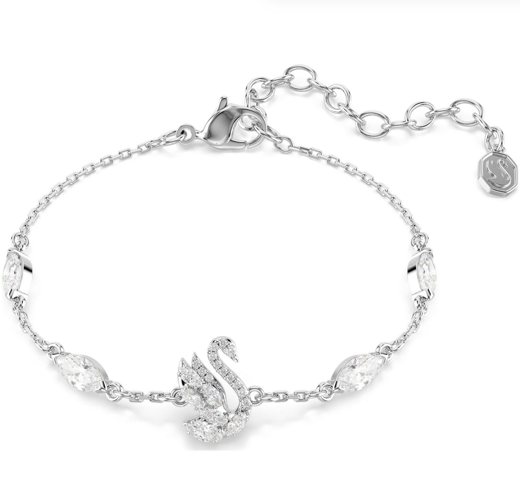 Swan: White Mixed Cuts Crystal Swan Silver Bracelet