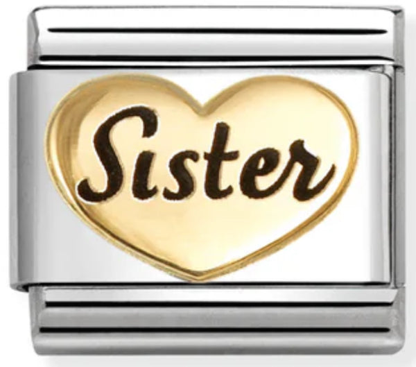 Family - Sister Heart with Black Enamel Gold Charm