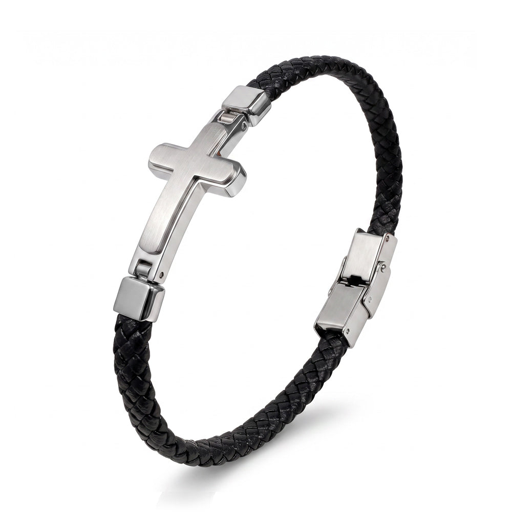 Blaze Black Leather Bangle with Shiny Steel Side Cross
