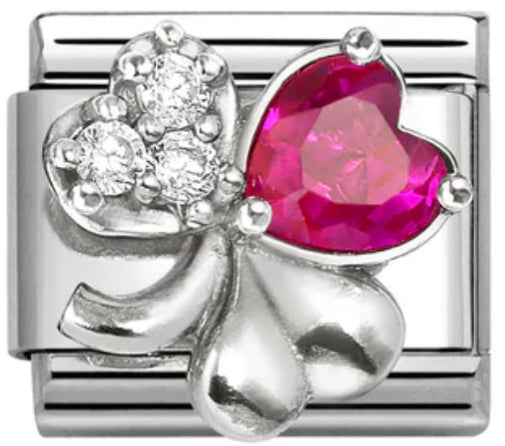 Good Luck - Clover with White & Red CZ Silver Charm