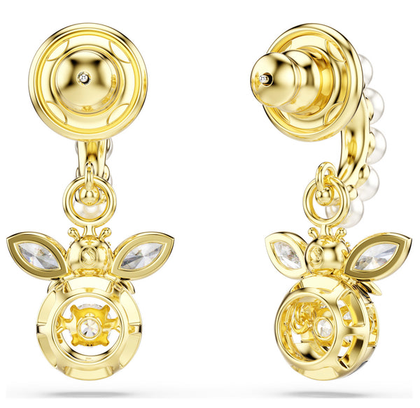 Idyllia: Crystal Pearl/Multicoloured Mixed Cuts Crystal Bee Gold Drop Earrings