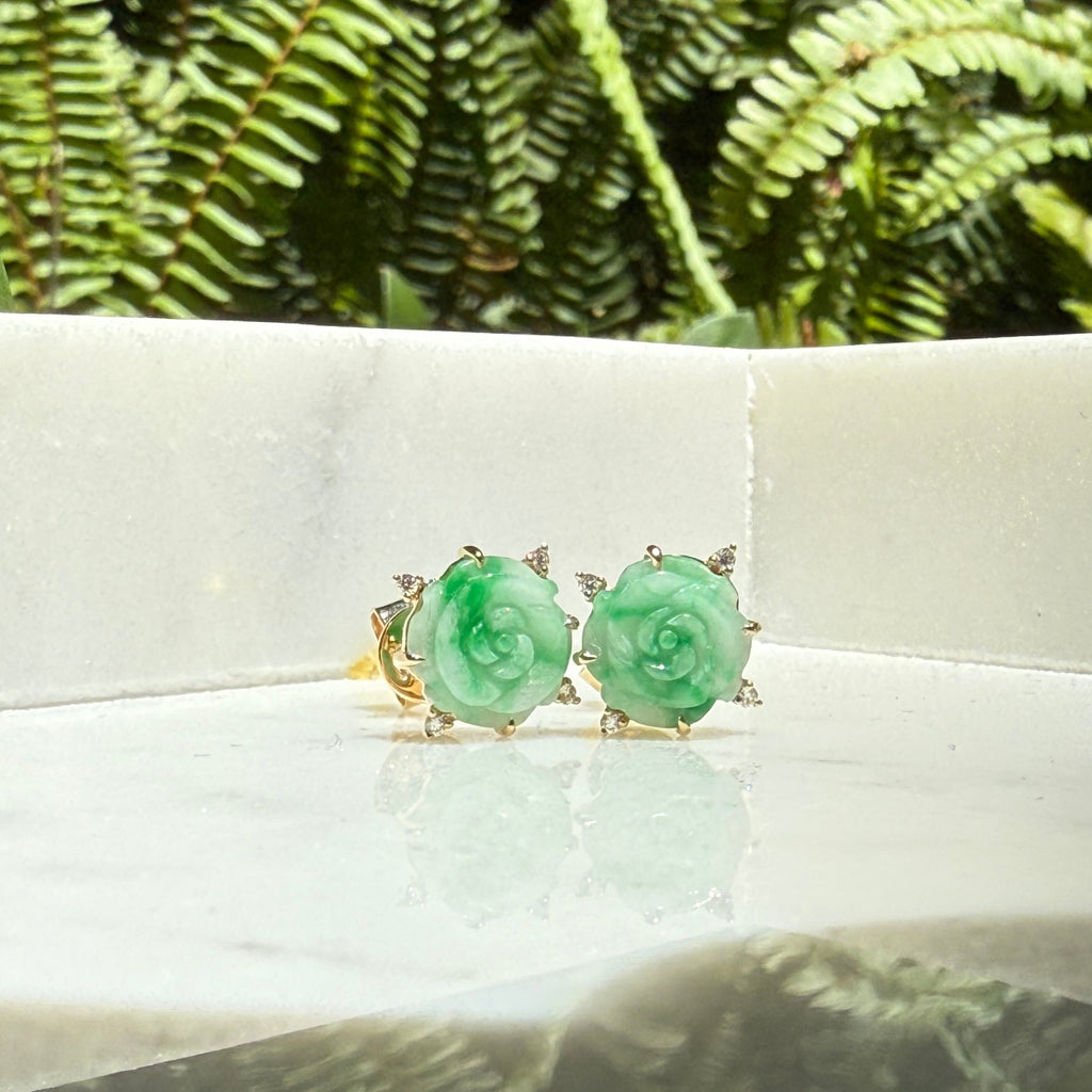 14ct Yellow Gold Floral Green Burma Jade & Diamond Earrings