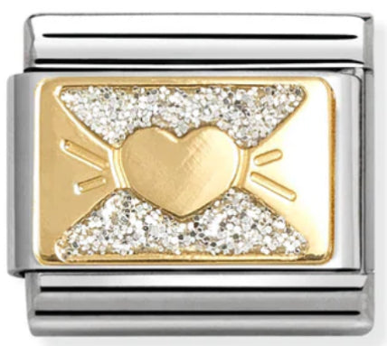 Symbol - Glitter Silver Heart Bow Gold Charm