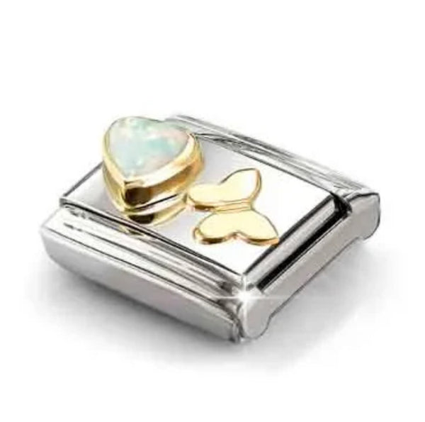 Nature - White Opal Heart with Butterfly Gold Charm