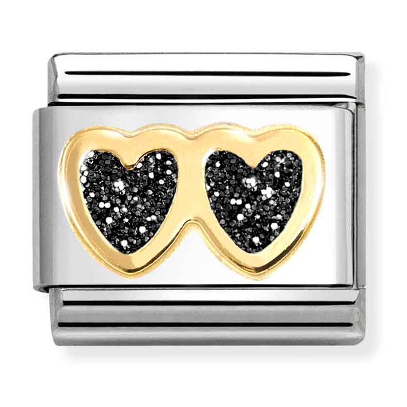 Love - Glitter Double Black Heart Gold Charm