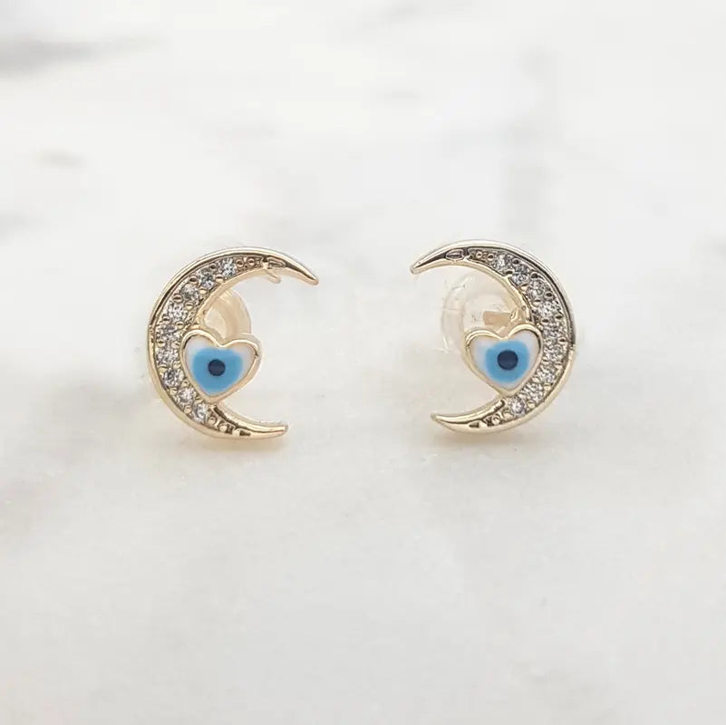 Mati Eye Heart & Moon Stud Earrings
