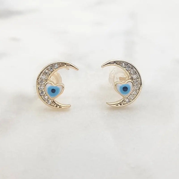 Mati Eye Heart & Moon Stud Earrings