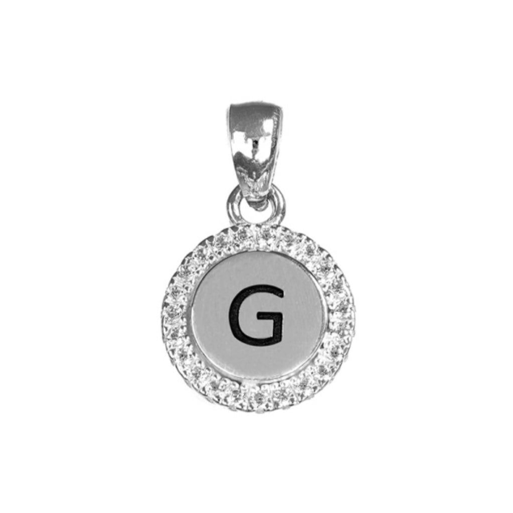 Round White CZ Silver Initial Charm
