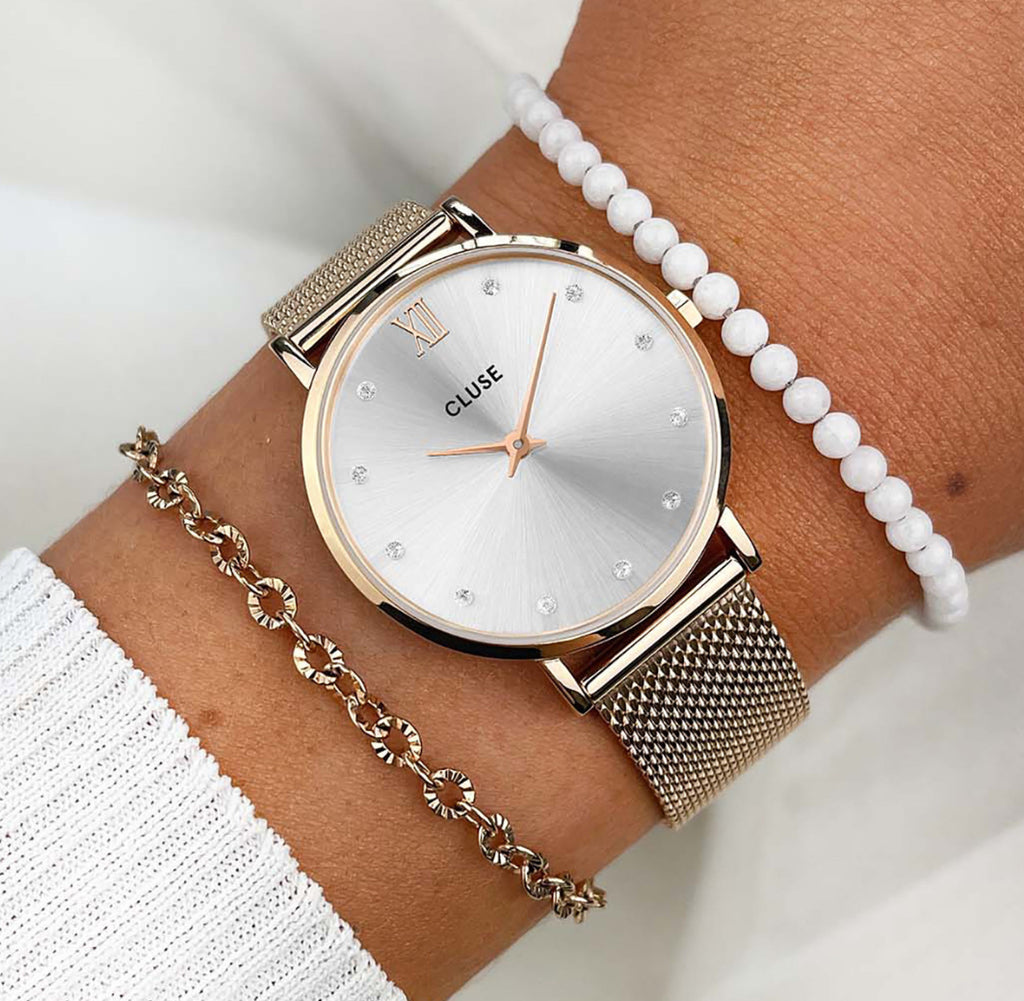 Minuit: Silver/Rosegold with Crystals Mesh Watch