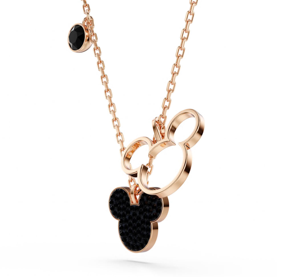 Mickey & Minnie Black Crystal Rosegold Tone Necklace