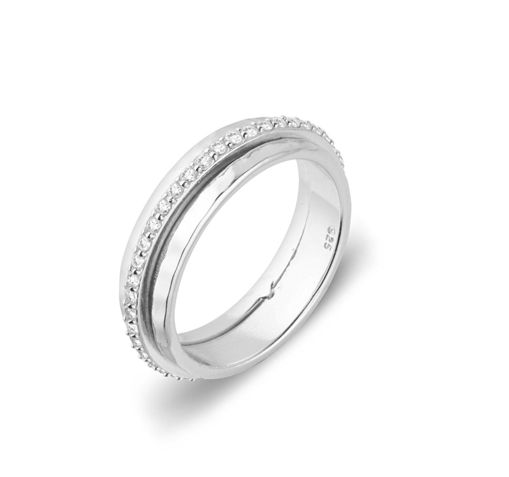 Rotating Fidget Ring - Sterling Silver Hammered Band with CZ Spinner Ring