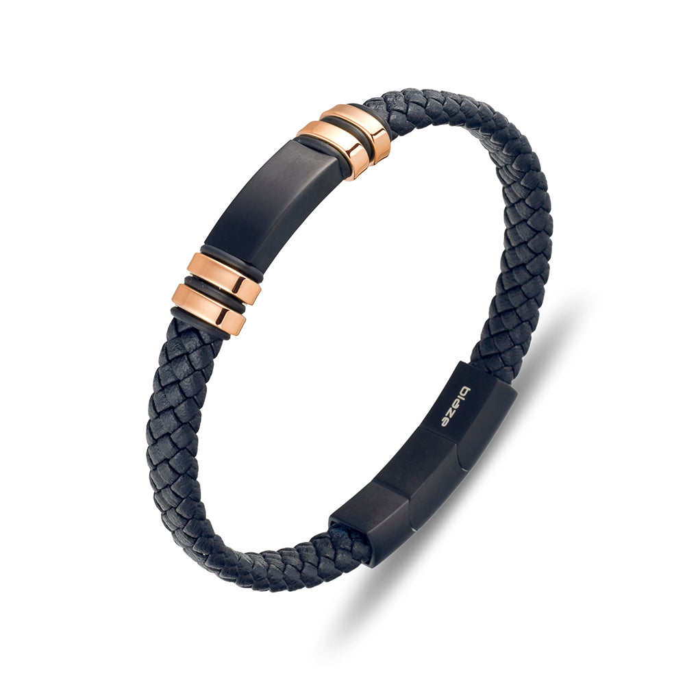 Bracelet - Blaze stainless steel men’s black leather bangle with ID plate - 2colours