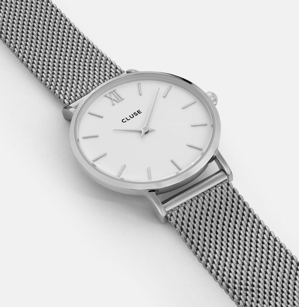 CLUSE Minuit Silver/White Mesh Watch