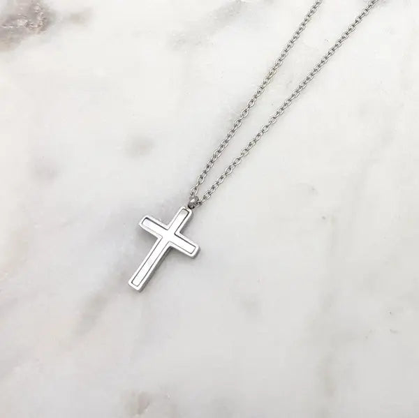 S/Steel Mother of Pearl Cross Pendant (MEDIUM)