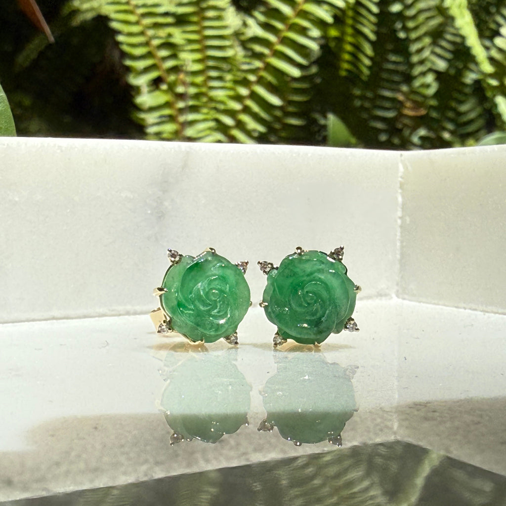 14ct Yellow Gold Dark Green Burma Jade Floral Diamond Earrings