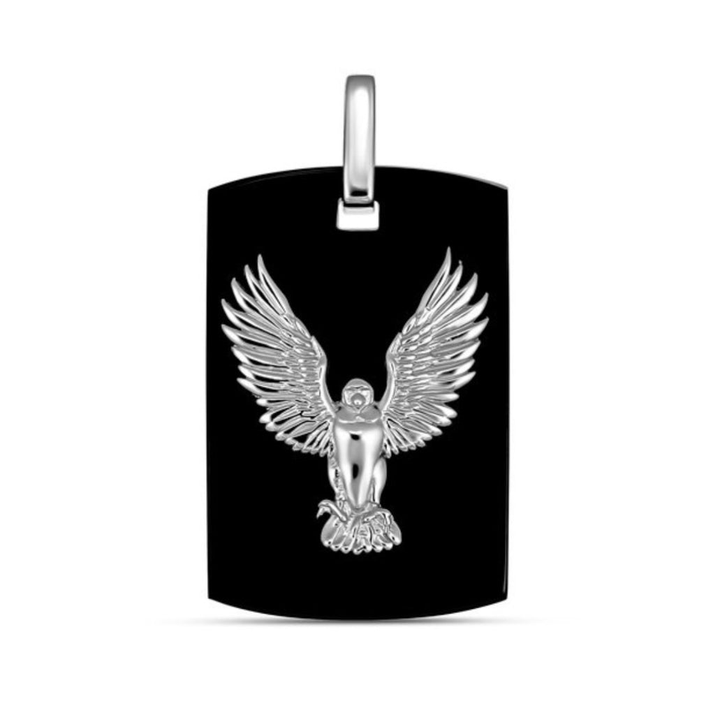 Black Onyx Silver Spread Eagle Dog Tag Pendant