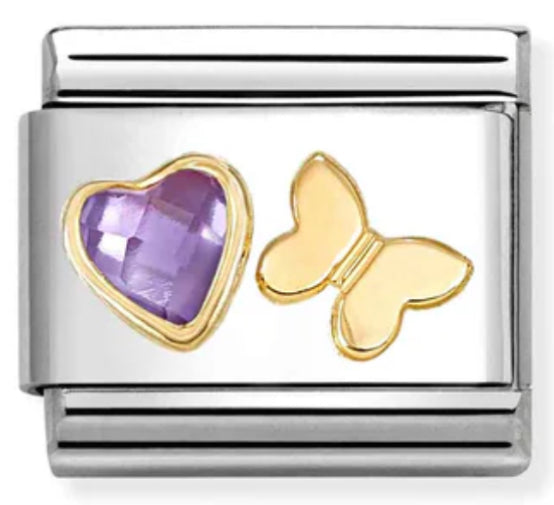 Love - Purple CZ Heart & Butterfly Gold Charm