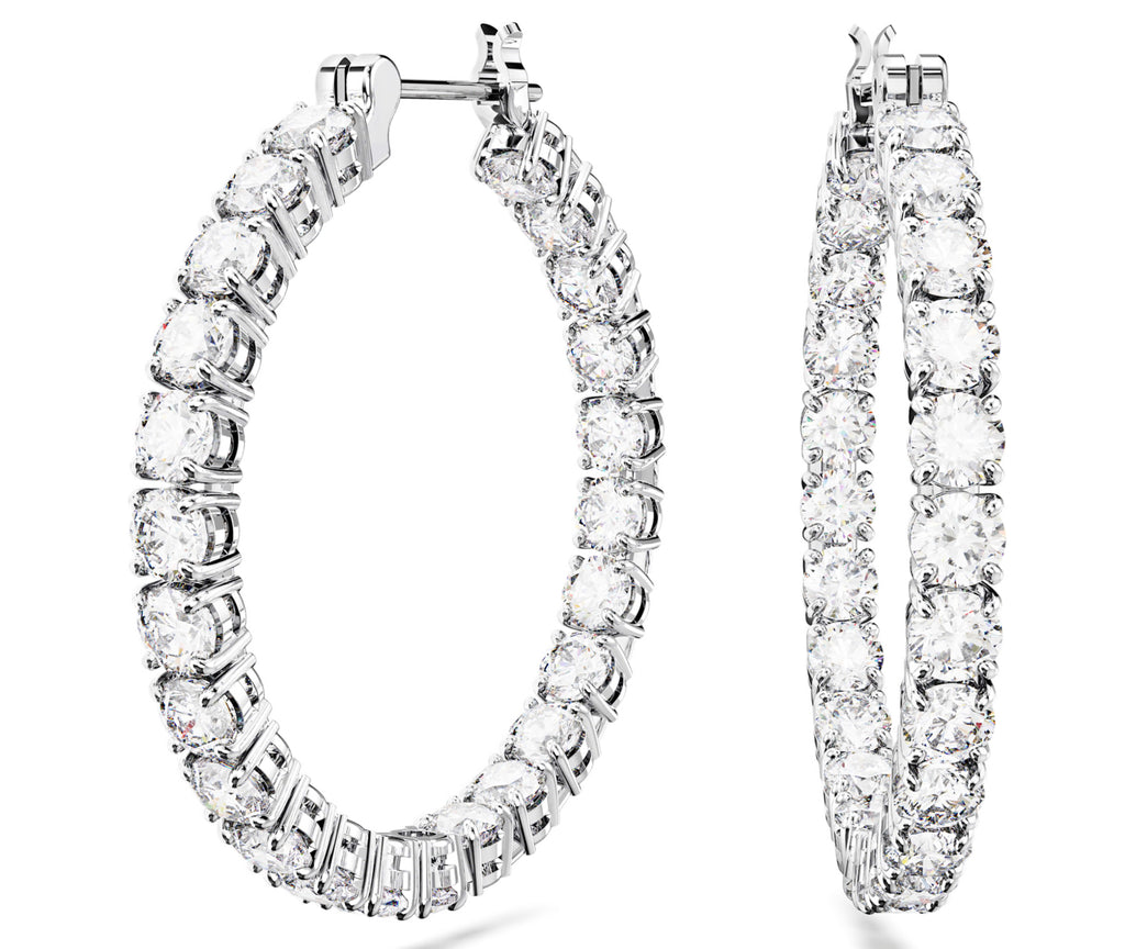 Matrix: White Round Cut Crystals Silver Hoop Earrings