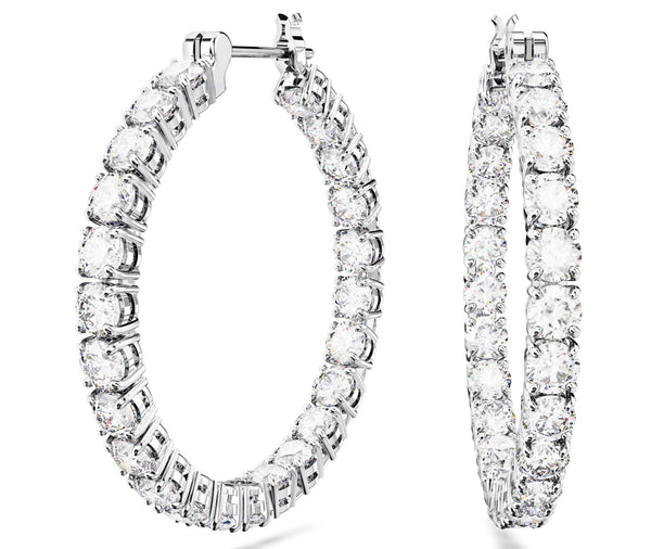 Matrix: White Round Cut Crystals Silver Hoop Earrings