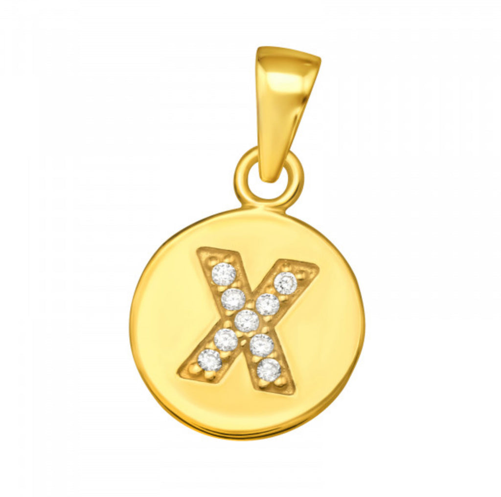 Round Disc White CZ Gold Plated Initial Pendant