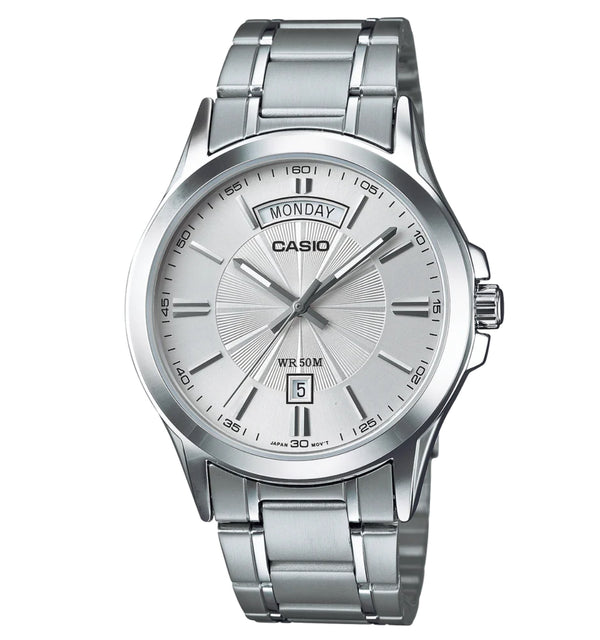 Casio Analogue Silver Face Day + Date, Stainless Steel Band Watch
