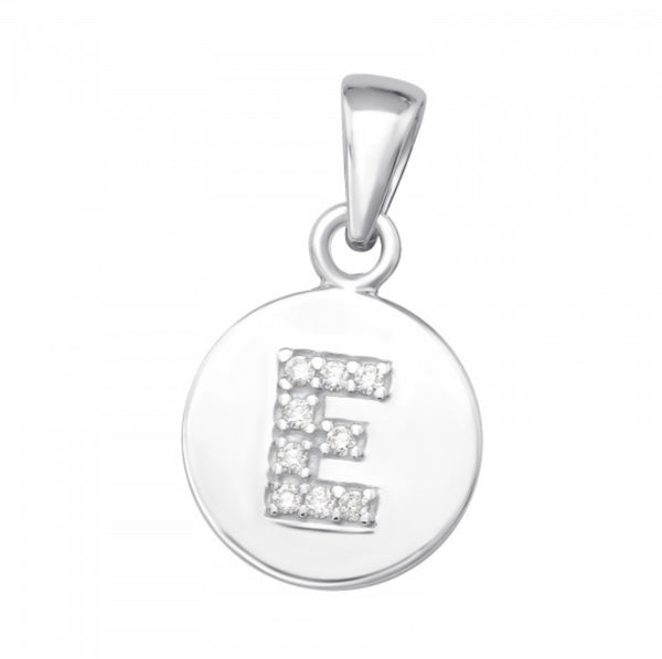 Round Disc White CZ Silver Initial Pendant