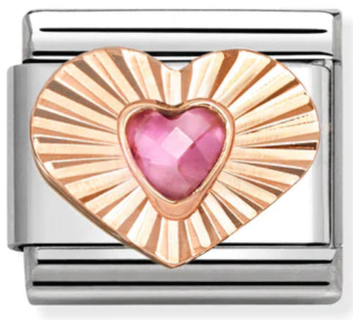 Gemstones - Heart with Pink CZ & Etched Detail Rosegold Charm