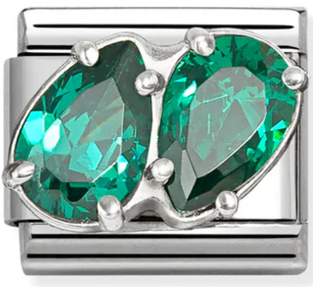 Gemstones - Green Twin CZ Teardrops Silver Charm