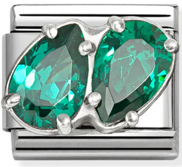 Gemstones - Green Twin CZ Teardrops Silver Charm