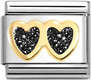 Love - Glitter Double Black Heart Gold Charm