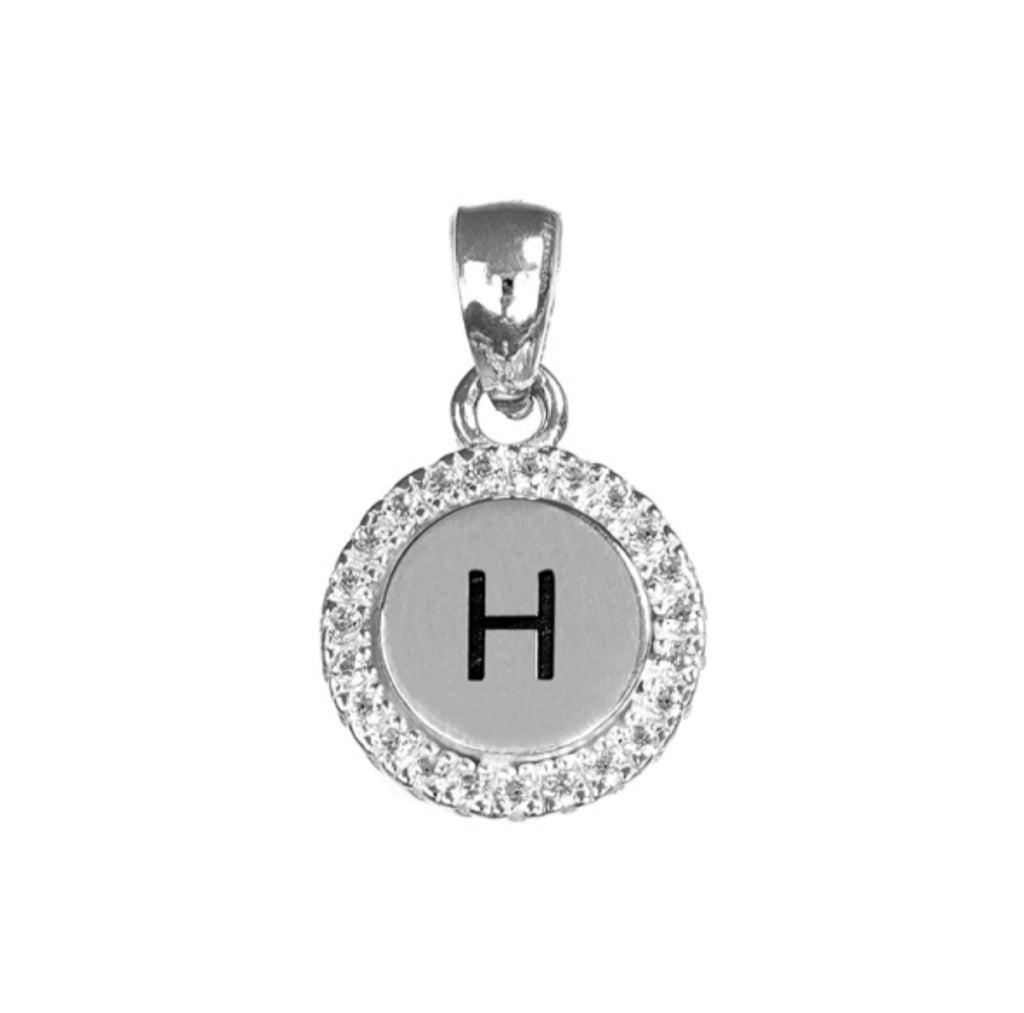 Round White CZ Silver Initial Charm